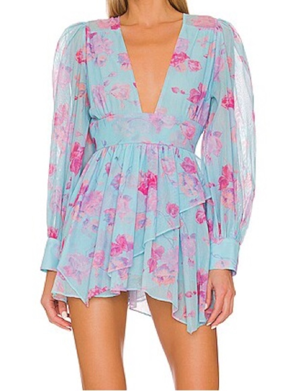 Loveshackfancy Varsha Long Sleeve Mini Dress Ocean Reef Blue Floral Size 4